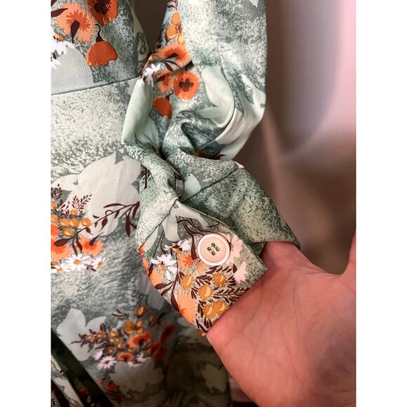 1970s Montgomery Ward Orange Mint Green Fall Floral Dagger Collar Disco Dress M - Picture 7 of 10